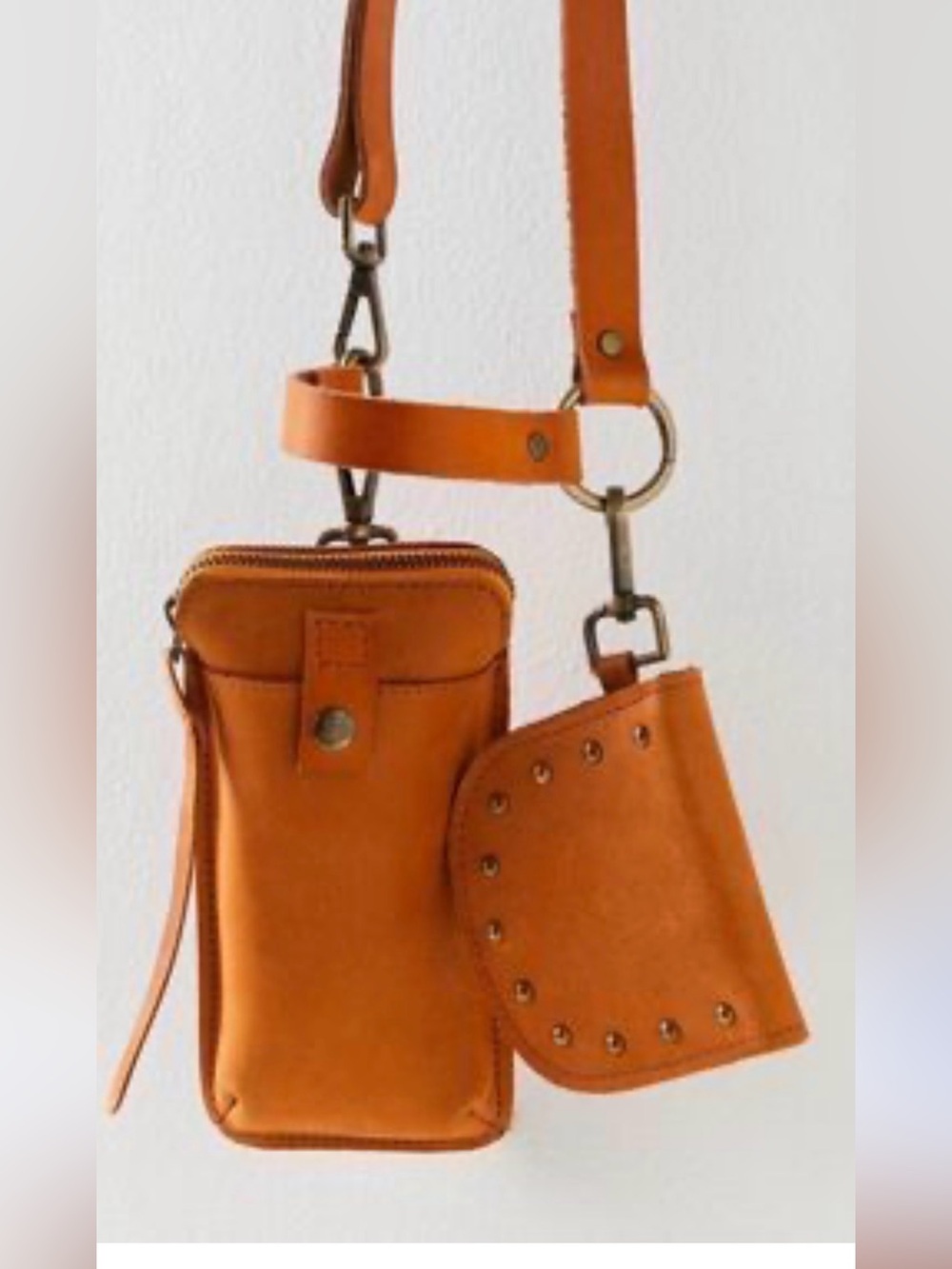Women’s Leather Crossbody Phone Pouch with Studded Coin Pocket - Tan